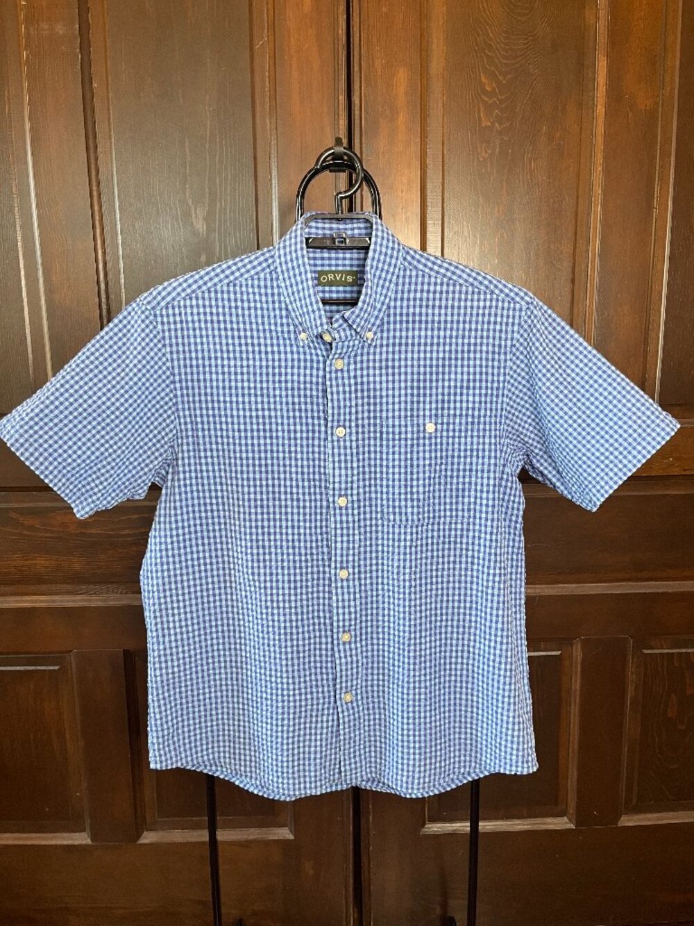 Orvis Seersucker Shirt Men's L Short Sleeve 100% Cotton Blue Check 2F93 NWOT